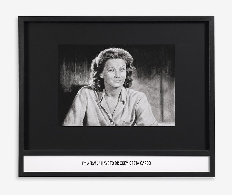 Ruined Finery: Greta Garbo, 2020
Charcoal on screen printed paper and vinyl, 68.5 x 83.4 cm
Private collection