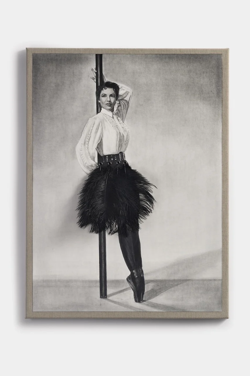 Fan Girl - Cyd 
Pencil on paper on linen with eyelets and black ostrich feathers 
80 x 60 cm 
Nina Mae Fowler, 2026