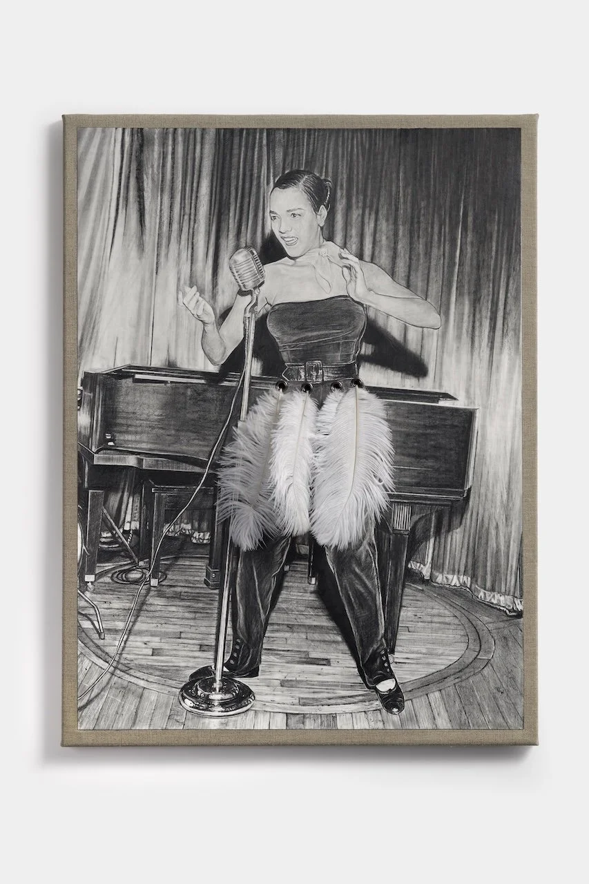 Fan Girl - Dorothy 
Pencil on paper on linen with eyelets and ostrich feathers 
80 x 60 cm 
Nina Mae Fowler, 2026