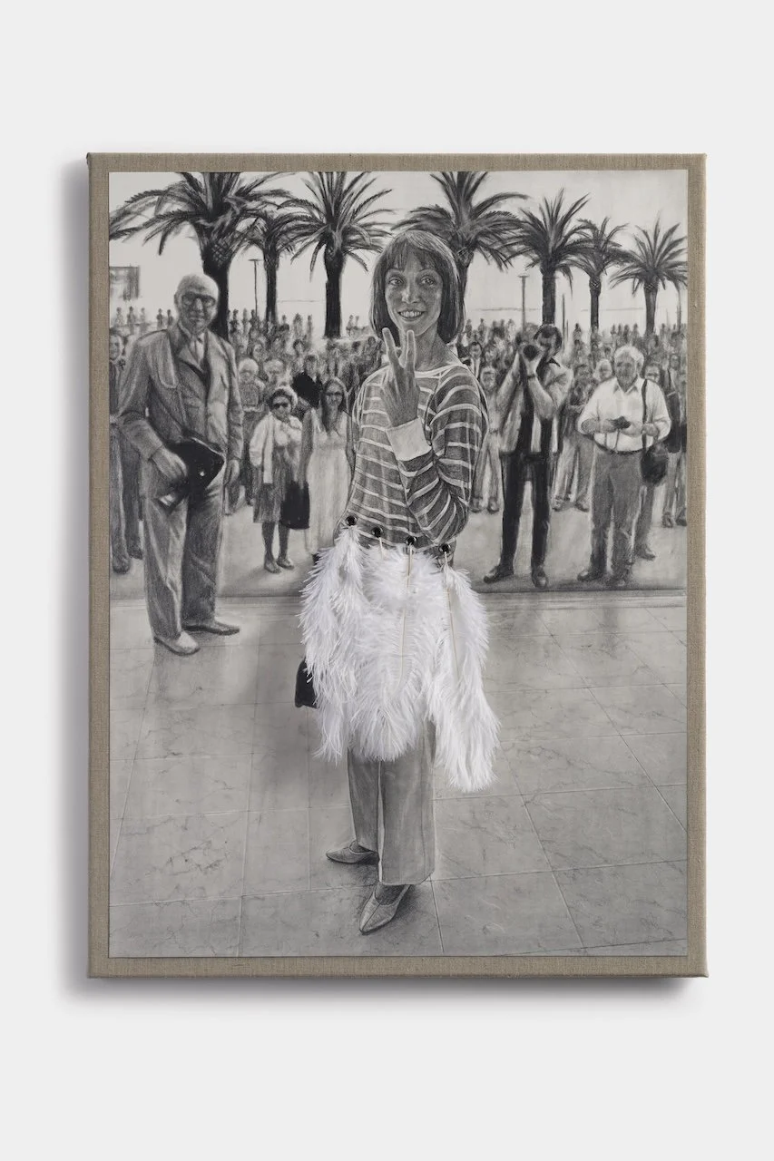 Fan Girl - Shelley II 
Pencil on paper on linen with eyelets and ostrich feathers 
80 x 60 cm 
Nina Mae Fowler, 2026