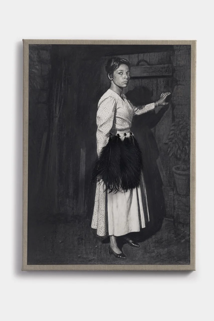 Fan Girl - Ruby 
Pencil on paper on linen with eyelets and black ostrich feathers 
80 x 60 cm 
Nina Mae Fowler, 2026