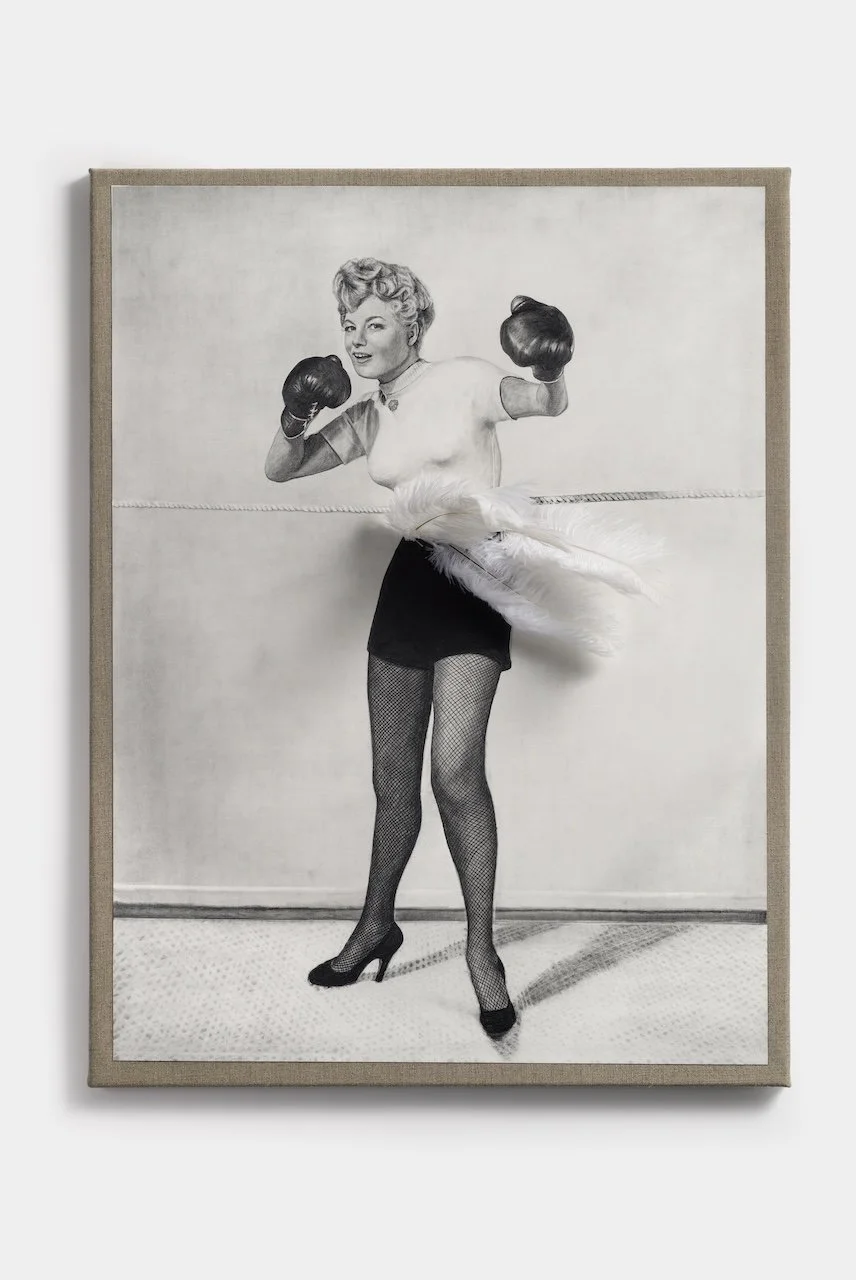 Fan Girl - Shelley 
Pencil on paper on linen with eyelets and ostrich feathers 
80 x 60 cm 
Nina Mae Fowler, 2026