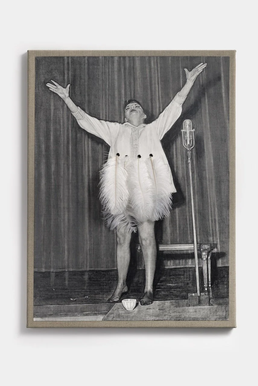 Fan Girl - Judy 
Pencil on paper on linen with eyelets and ostrich feathers 
80 x 60 cm 
Nina Mae Fowler, 2026