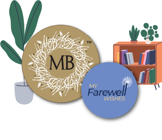 Illustration of two coins, one with "MB" and decorative white border, and the other with "My Farewell Wishes" and a dandelion graphic, placed on a shelf with potted plants and books.