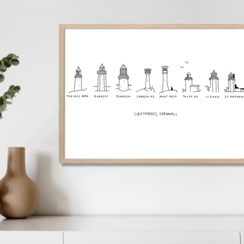 Line drawing of lighthouse illustrations labeled with their names, titled 'Lighthouses Cornwall'.