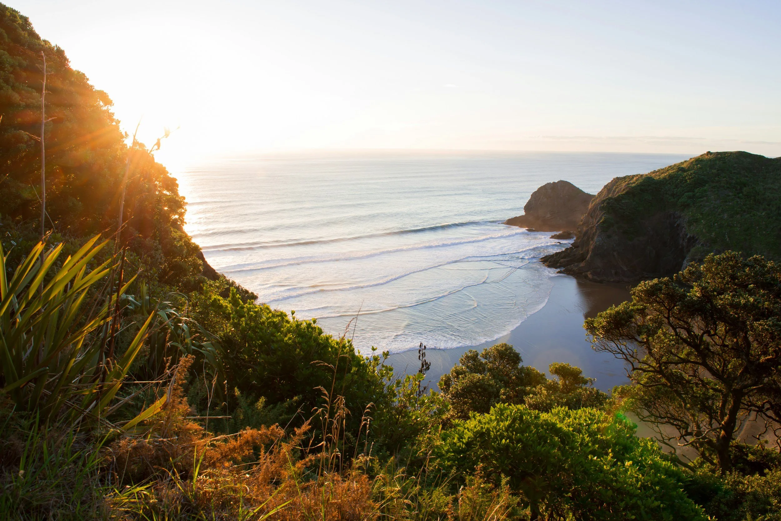 A coastal view from a hillside, with lush green trees and bushes in the foreground, a sandy beach with gentle waves, two large rocky hills, and the ocean extending to the horizon under a bright sky.