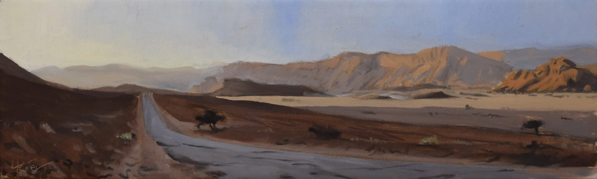 "Road to Timna," 2023. Oil on stretched canvas. 15x50 cm. SOLD.