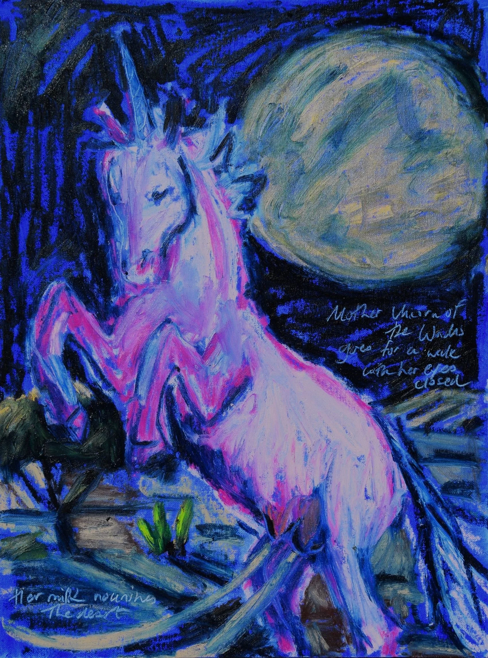 The Nourisher Series I - The Lactating Unicorn. 30x40 cm, oil sticks on canvas panel. 2026.