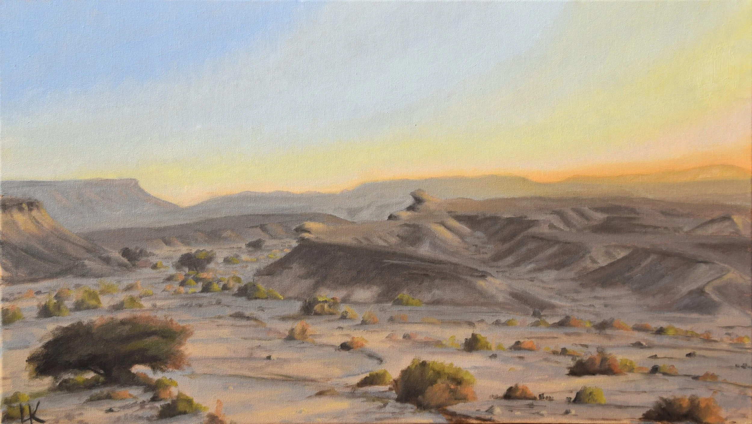 Sunset in the Wadi, Tzukim. 2023. 40*60 cm. Oil on canvas. Plein air/studio.