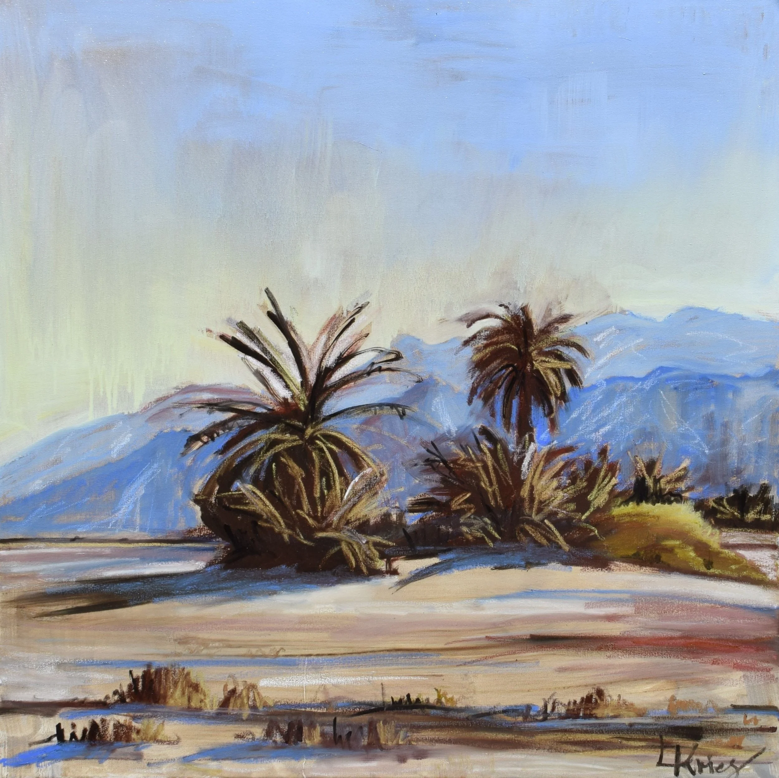 "Golden palms at Dahab's Blue Lagoon," 2023. Oil and oil pastels on stretched canvas. 80x80 cm.