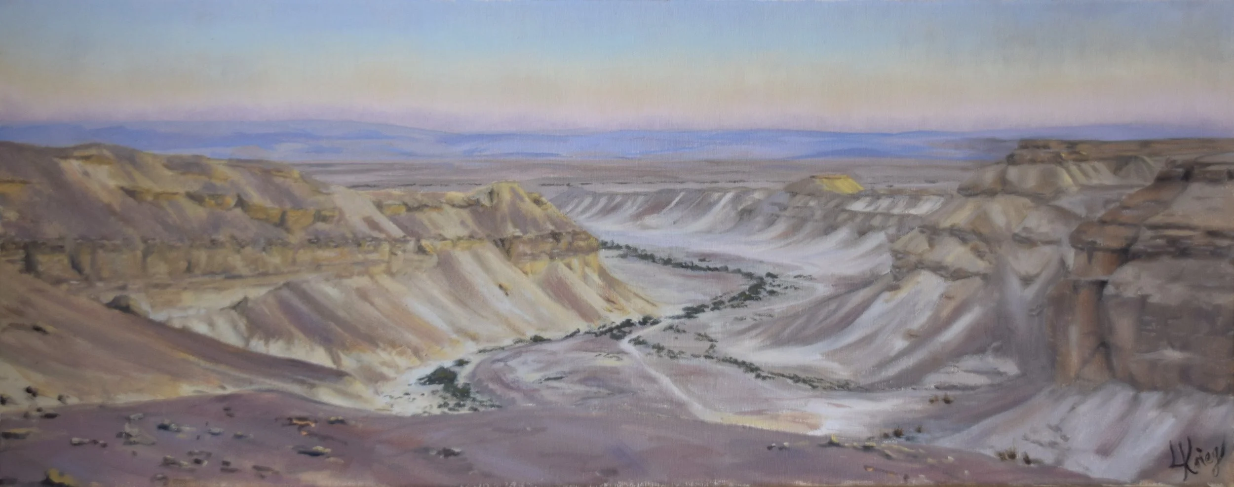 "Gev Tzofar view at sunset," 2023. Oil on stretched canvas. 100x40 cm. SOLD