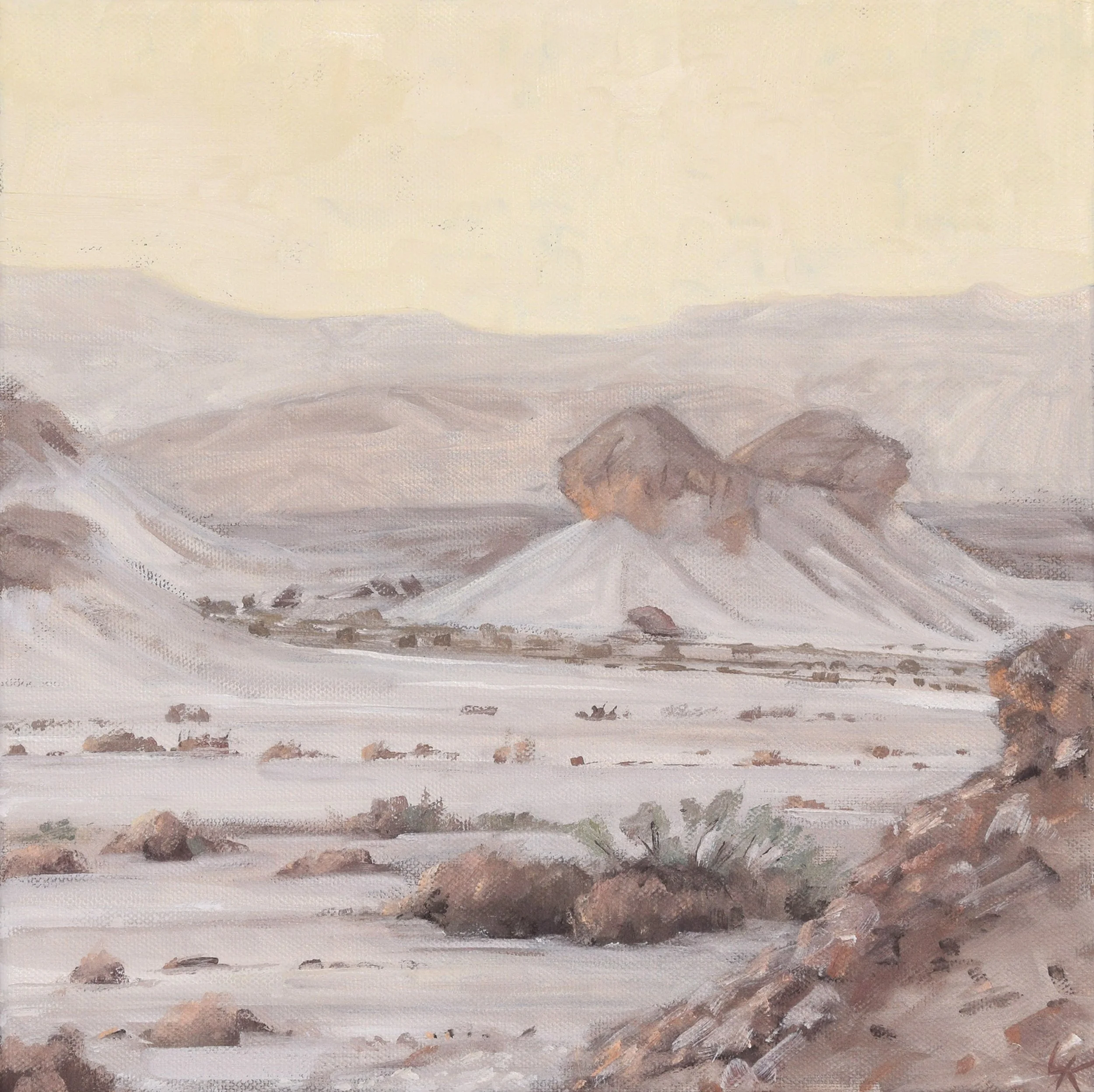 Wadi in golden evening light, 2025. 30x30 cm, oil on canvas.