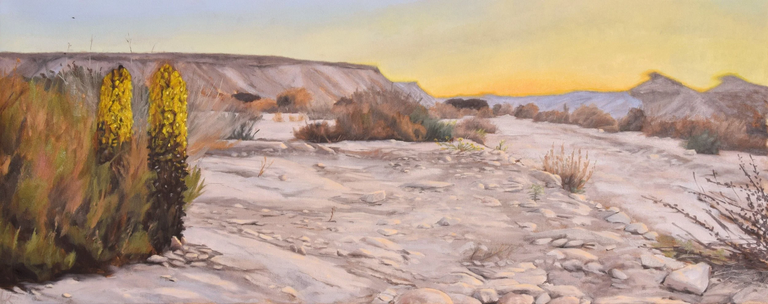 Two Yachnukim at sunset in the Wadi. 2024. 100x40 cm, oil on canvas.