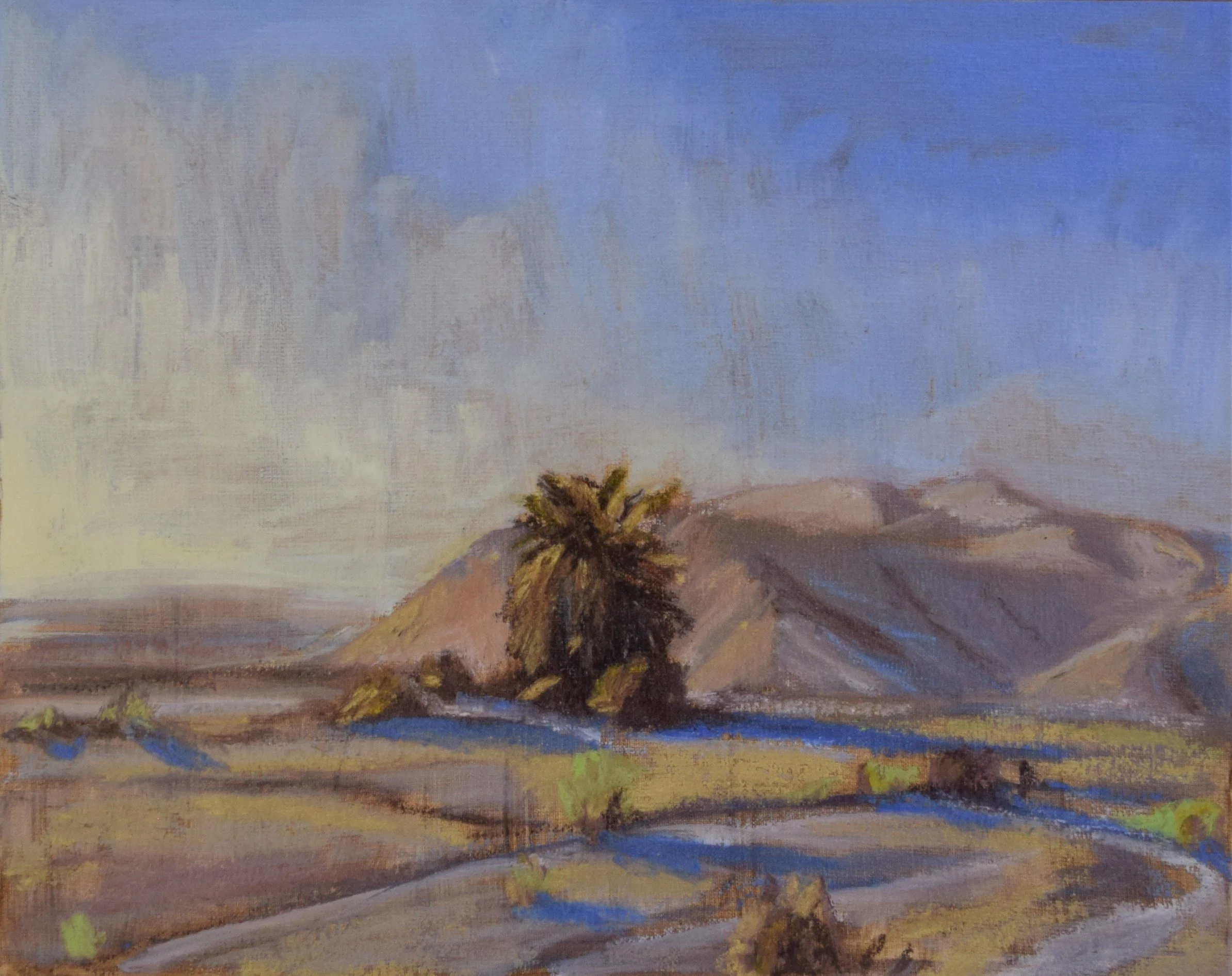 "The second Queen of Palms, Sapir," 2023. Oil and oil pastels on canvas panel. 24x30 cm.