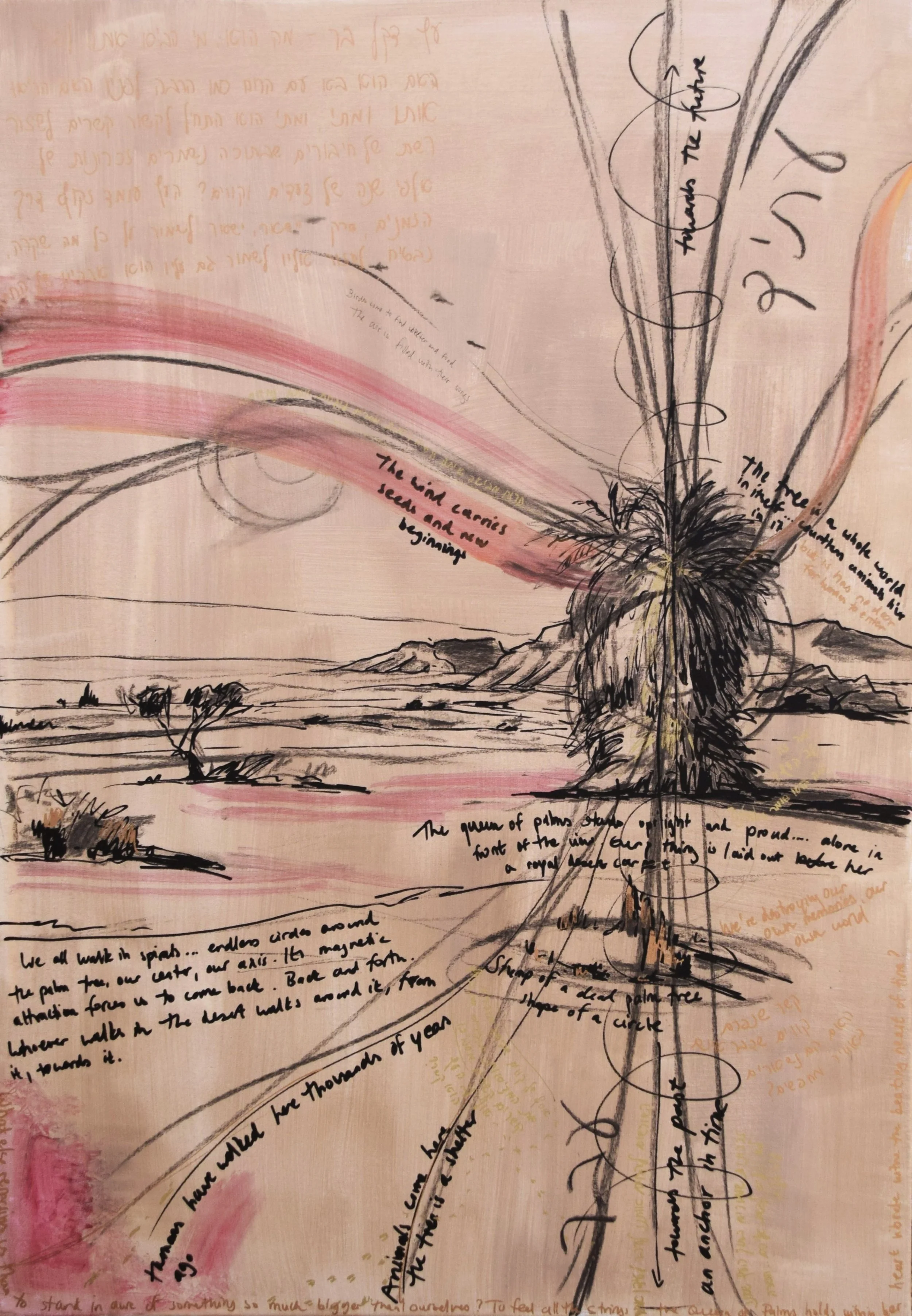 Axis in Time. 2024. 100x70 cm, acrylic, charcoal and marker. SOLD.