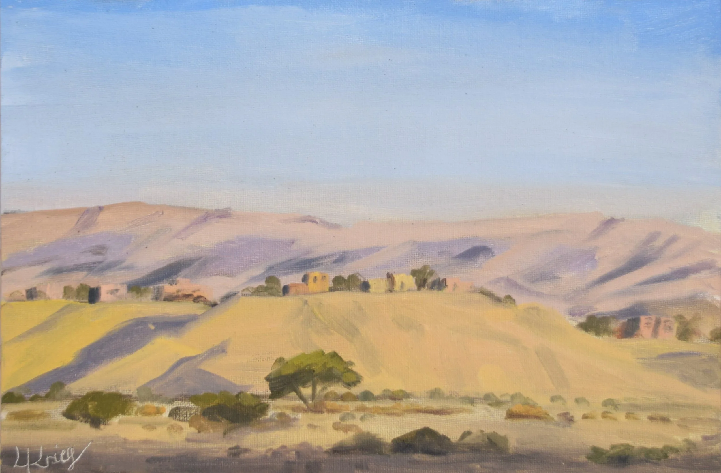 "Sunset view of Tzukim from the Wadi", 2023. 18x24 cm. Oil on canvas panel. Pleinair.