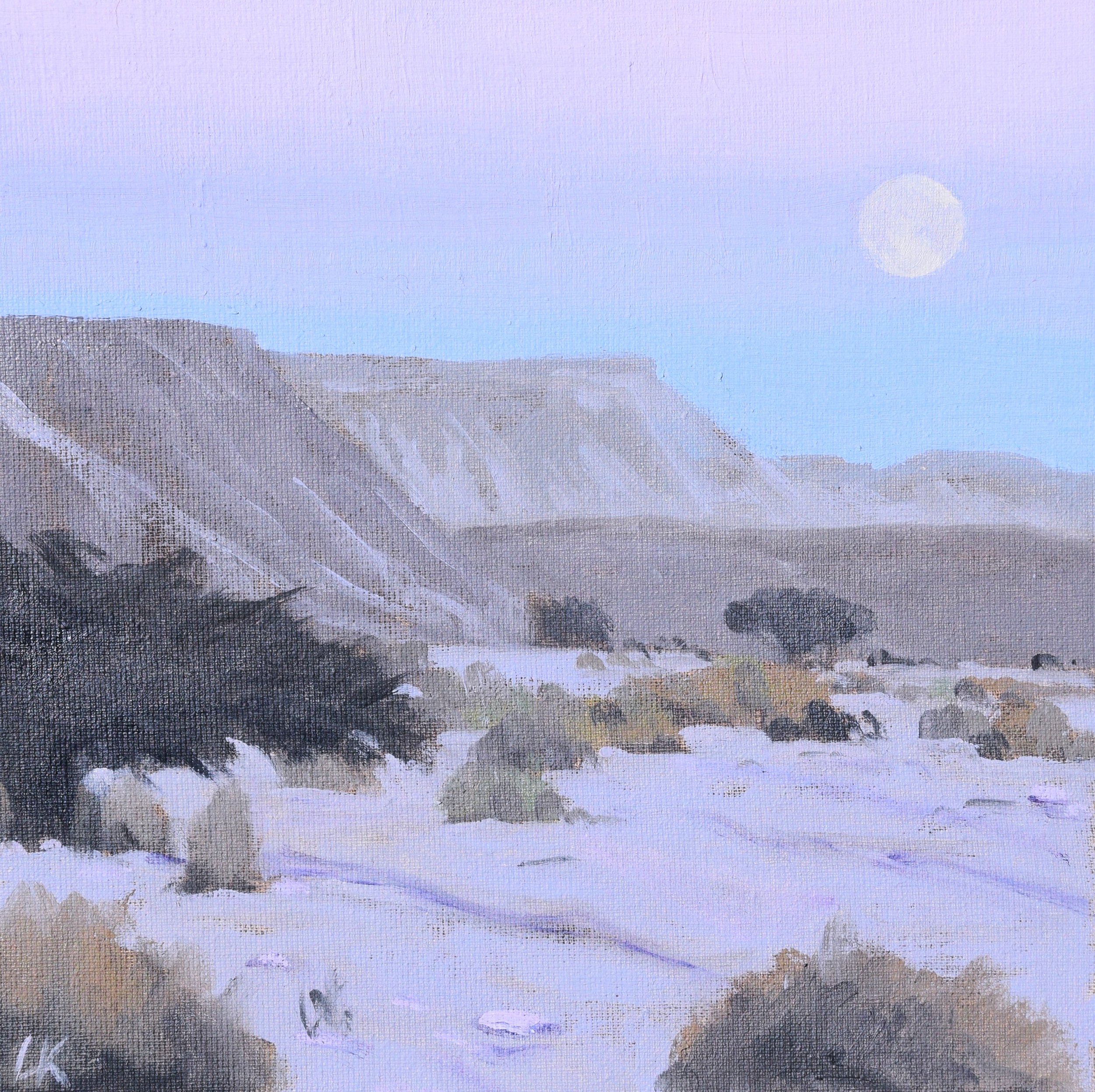 Wadi at Moonrise. 20x20 cm, Oil on canvas panel. 2026. SOLD
