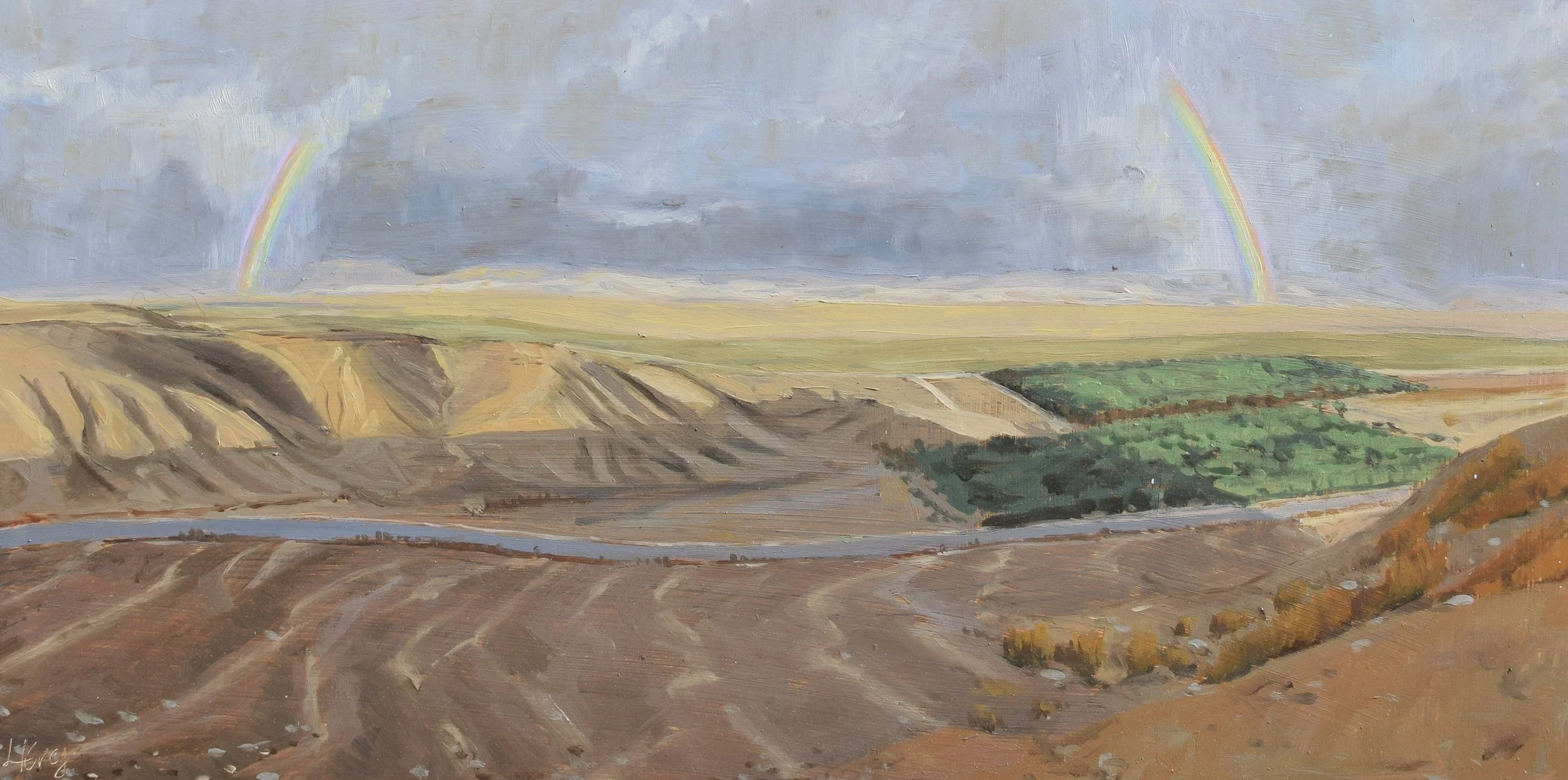 "April Flood, Rainbow over Arendel," 2023. Oil on gesso panel. 30x60 cm.