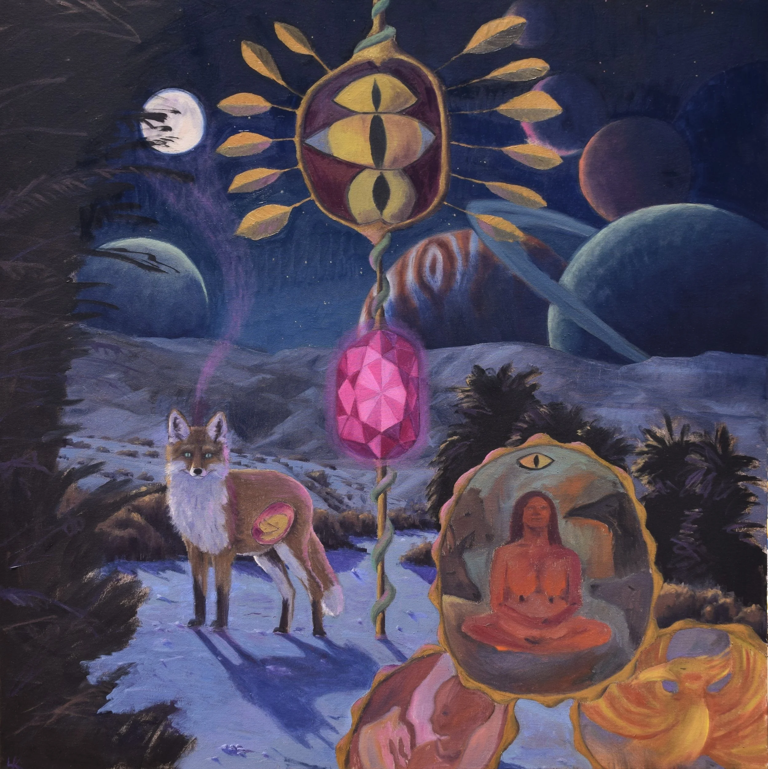 "When I was a Fox in the Desert, I Dreamt of You". 100x100 cm, oil on canvas. 2025.