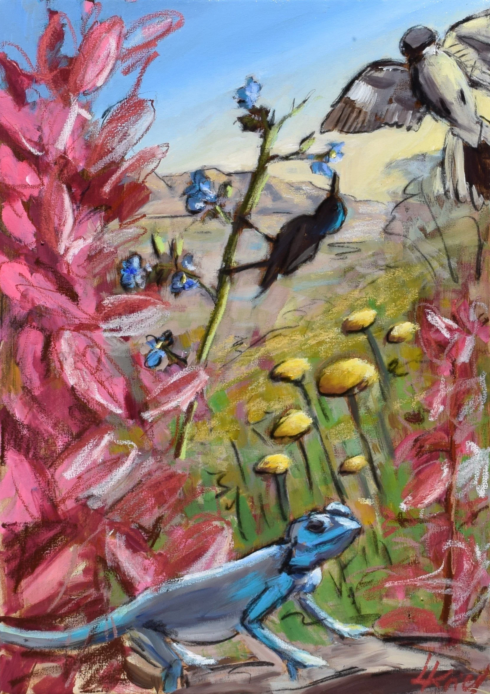 "Garden of Eden Arava", 2023. 50x70 cm. Acrylic, charcoal and oil pastels on stretched canvas.