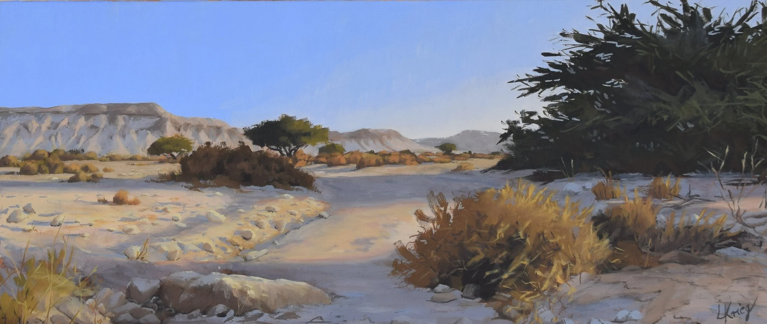 "Early morning in the Wadi II," 2023, 60x30 cm. SOLD.