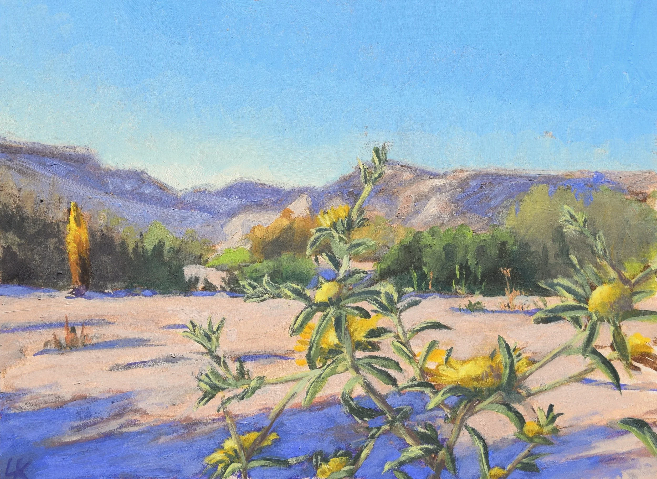 "Yahnuk and Kohav in the wadi with purple shadow," 2025. 18x24 cm, oil on panel.