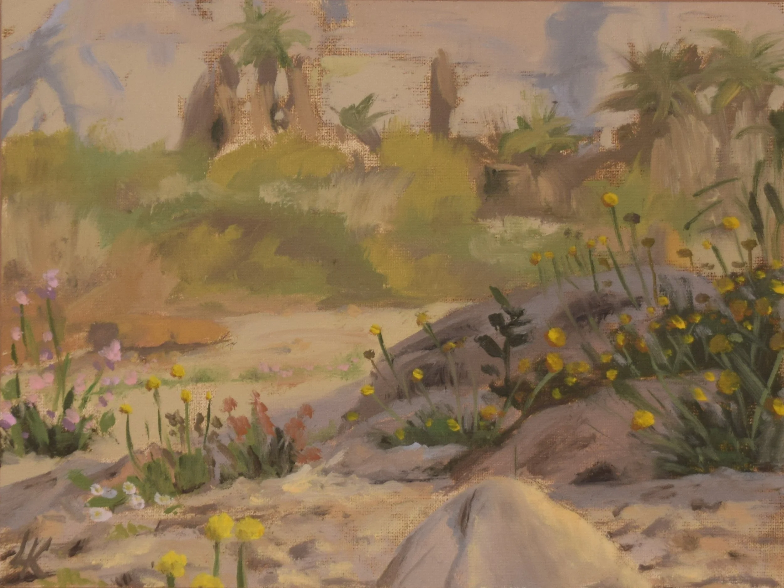 "Flowers at Ein Tzin Oasis," 2023. Oil on canvas panel. 18x21 cm.