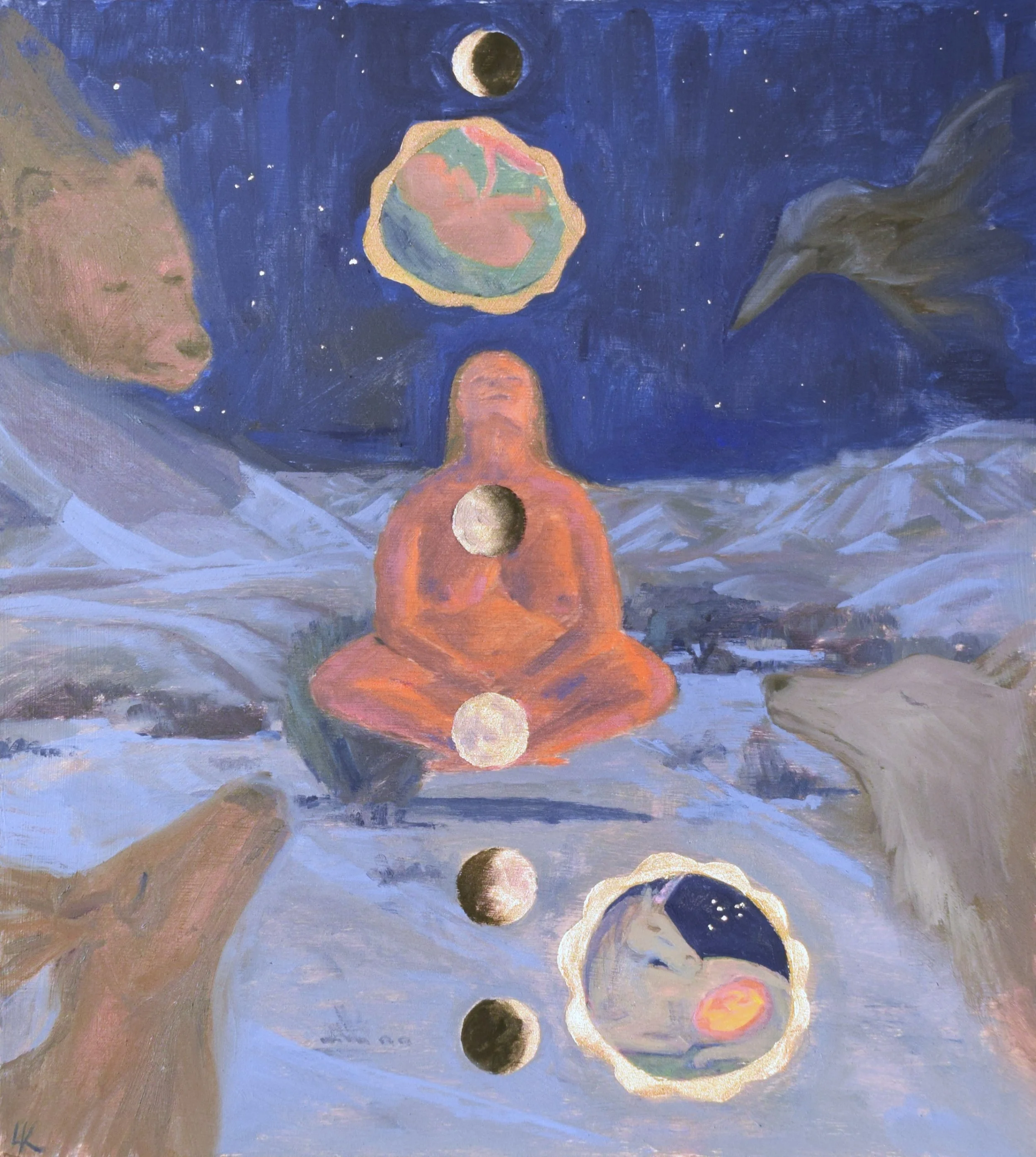 Waiting with Eyes Closed. 43x39 cm, oil on wood. 2026.