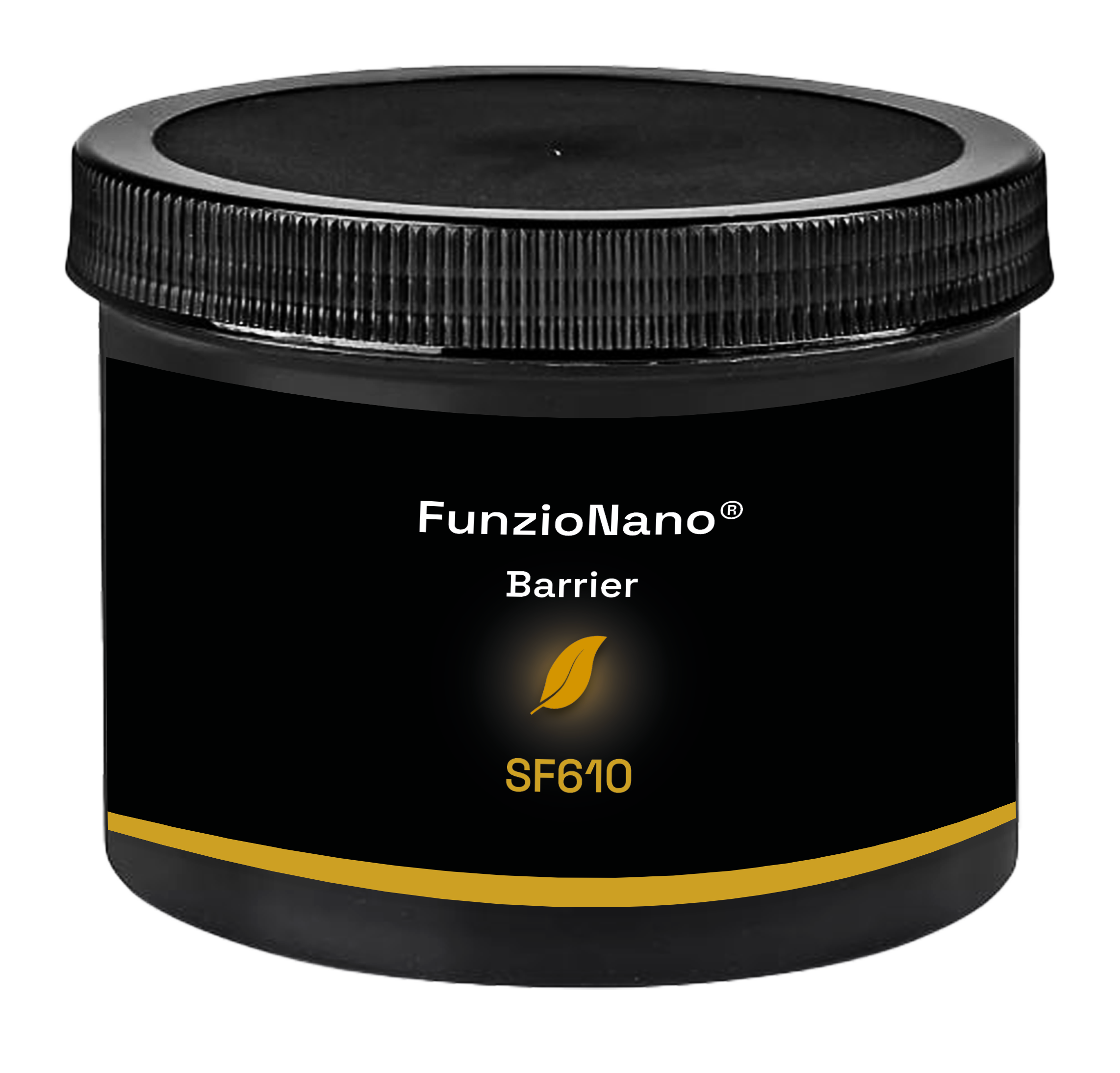 Black container of FunzioNano Barrier SF610 supplement with black lid, black background, and gold lettering and design elements.