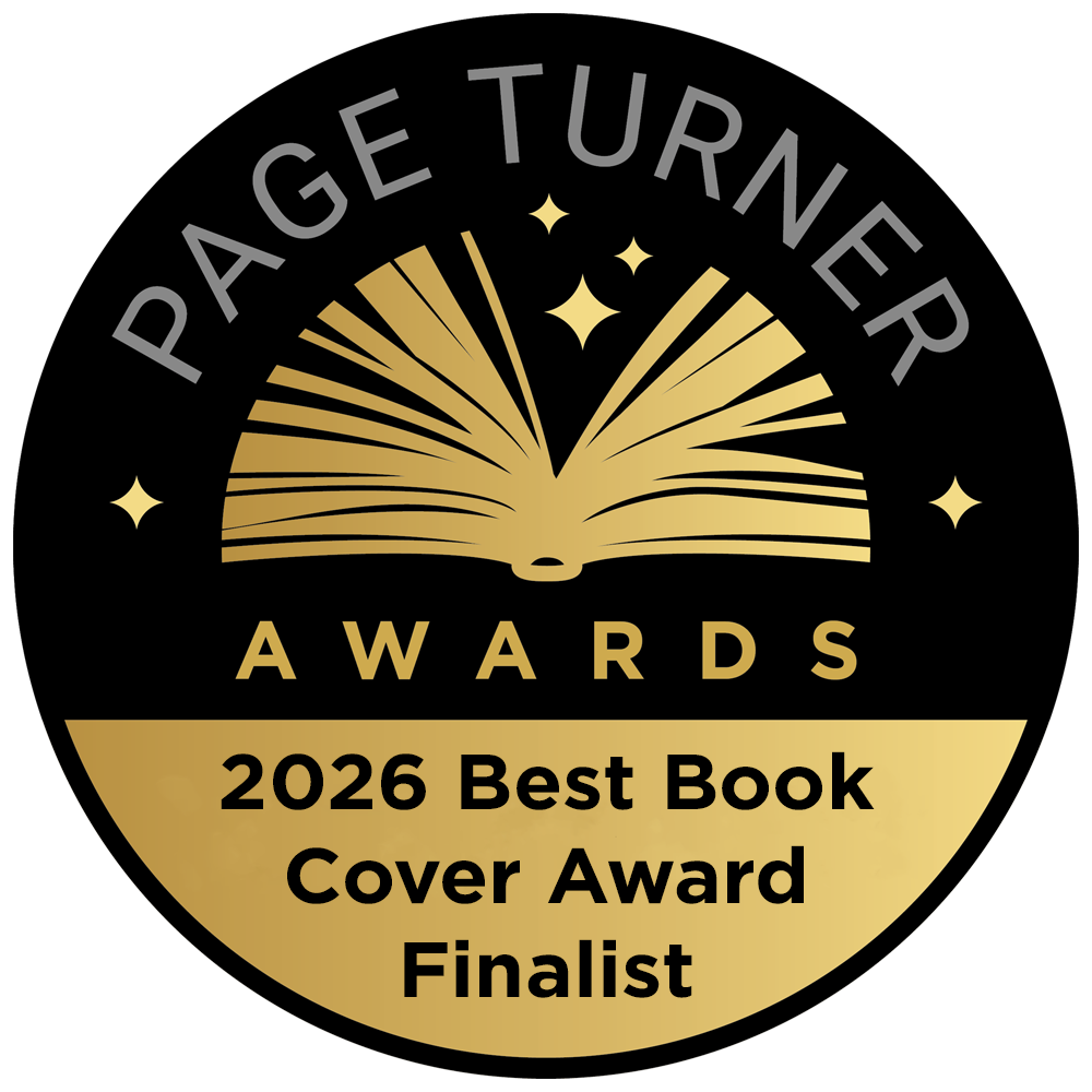 Gold and black badge for the Page Turner Awards 2026, indicating finalist for best book cover.