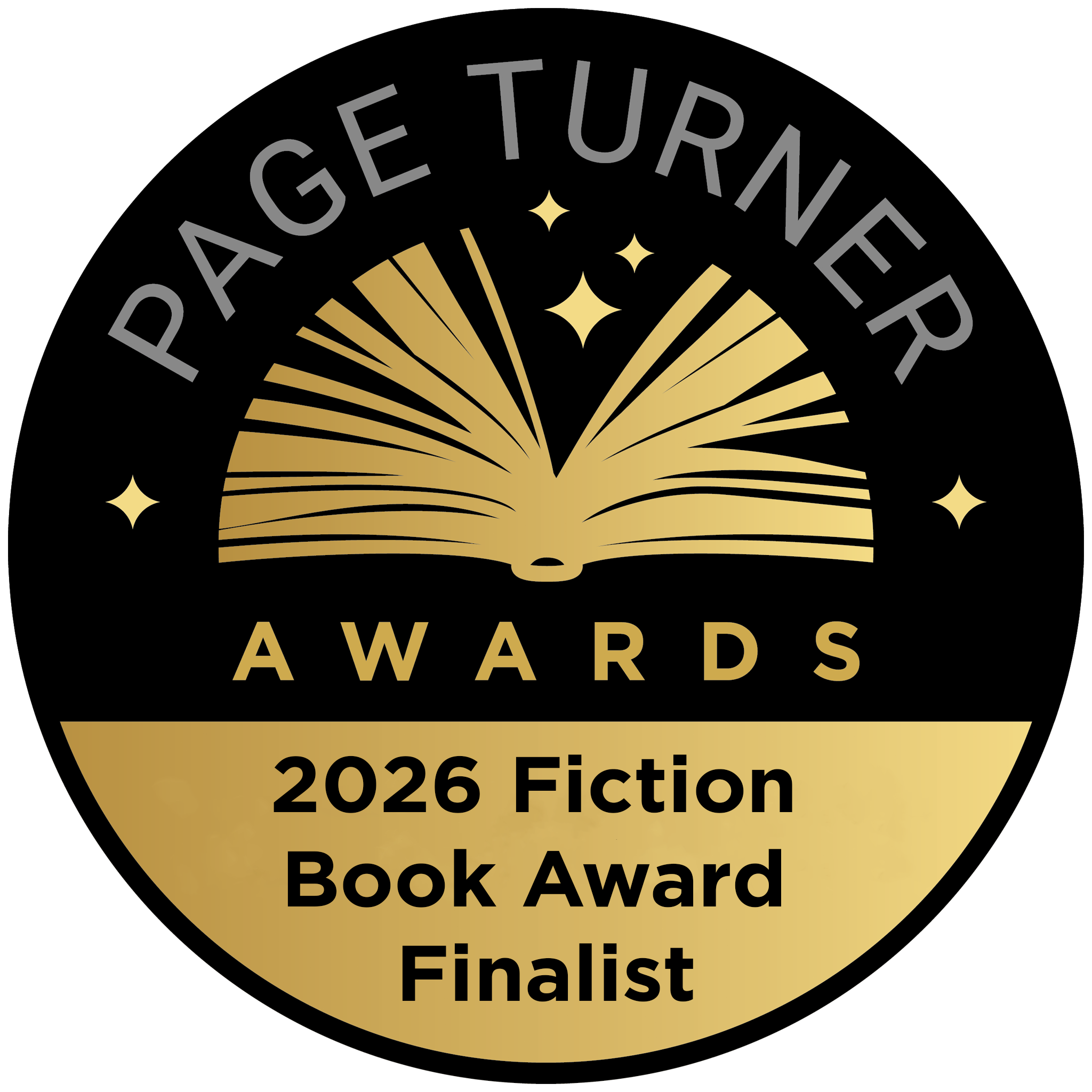 Gold and black Award badge with stars, reading 'Page Turners', '2026 Fiction Book Award Finalist'.
