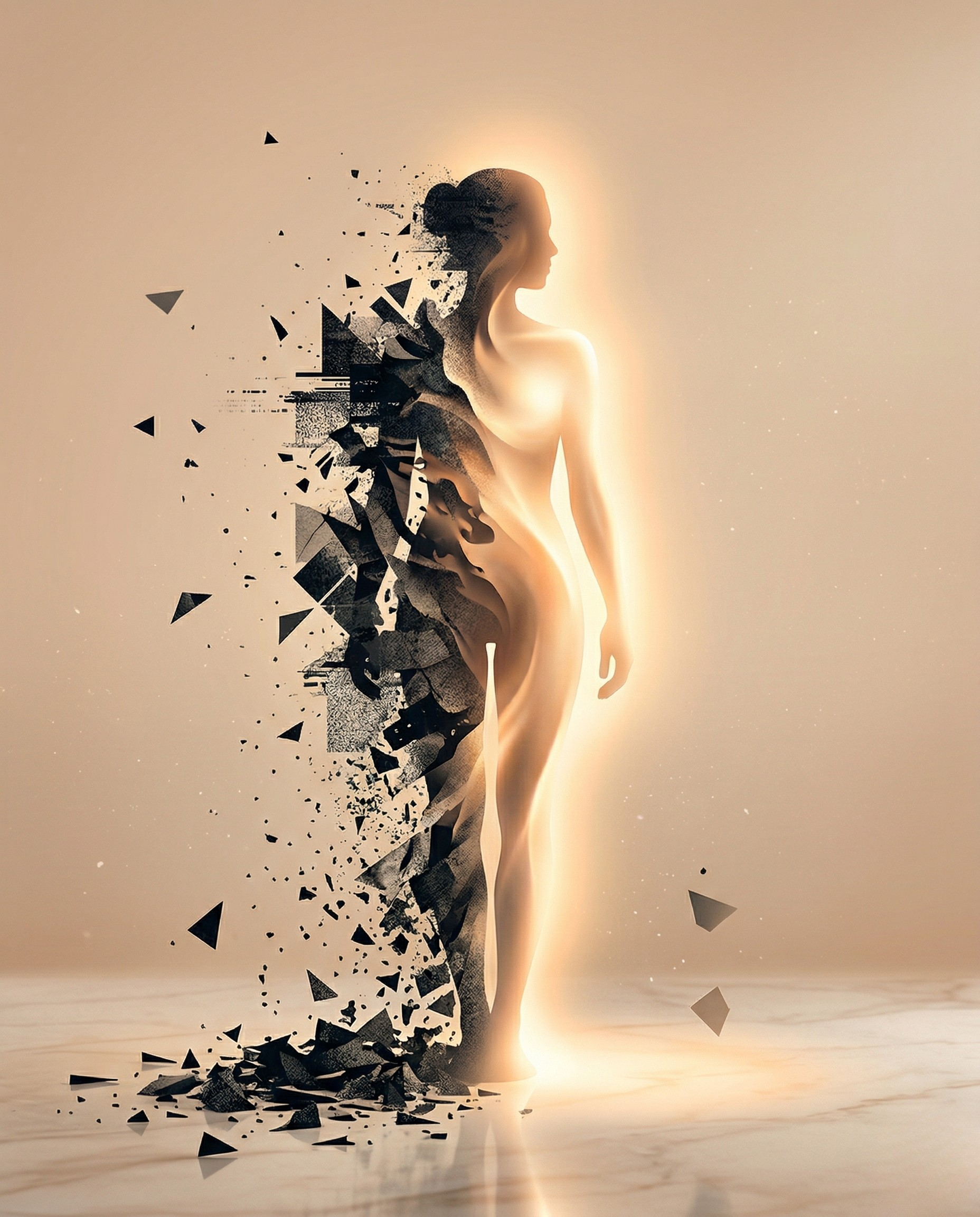 Digital art of a woman with hair in a bun, facing right, with her silhouette blending into disintegrating black geometric shapes and fragments on the left, set against a warm, glowing background with a subtle gradient and pixel-like particles.