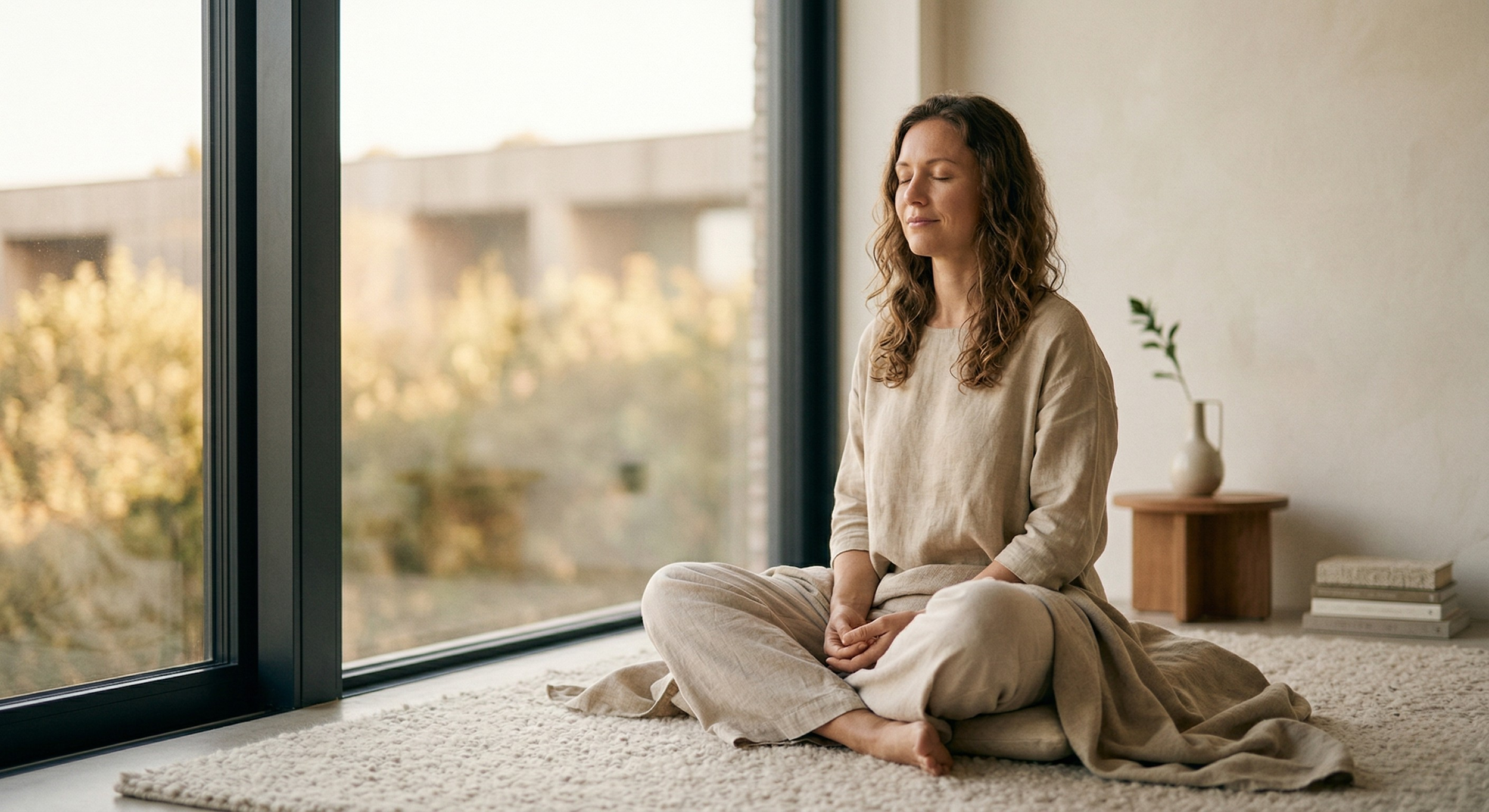A woman sitting cross-legged on a beige rug with her eyes closed in a serene indoor environment near a large window with views of trees and buildings outside. A small wooden table with a white vase and a plant, along with a stack of books, are visible in the background.