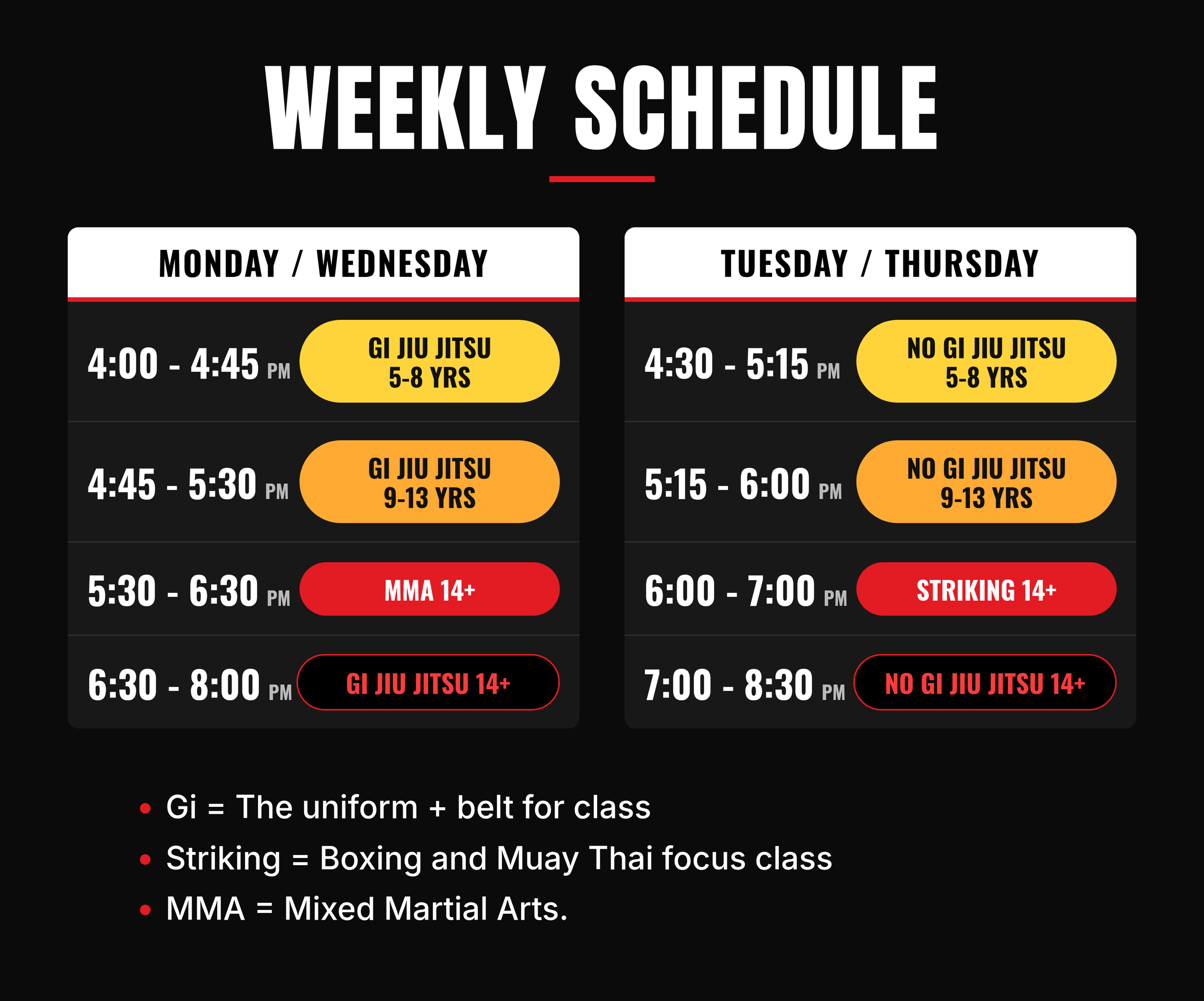 Weekly class schedule
