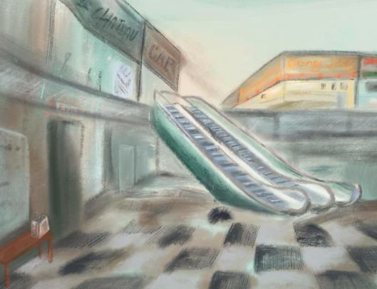 Watercolor illustration featuring an empty mall