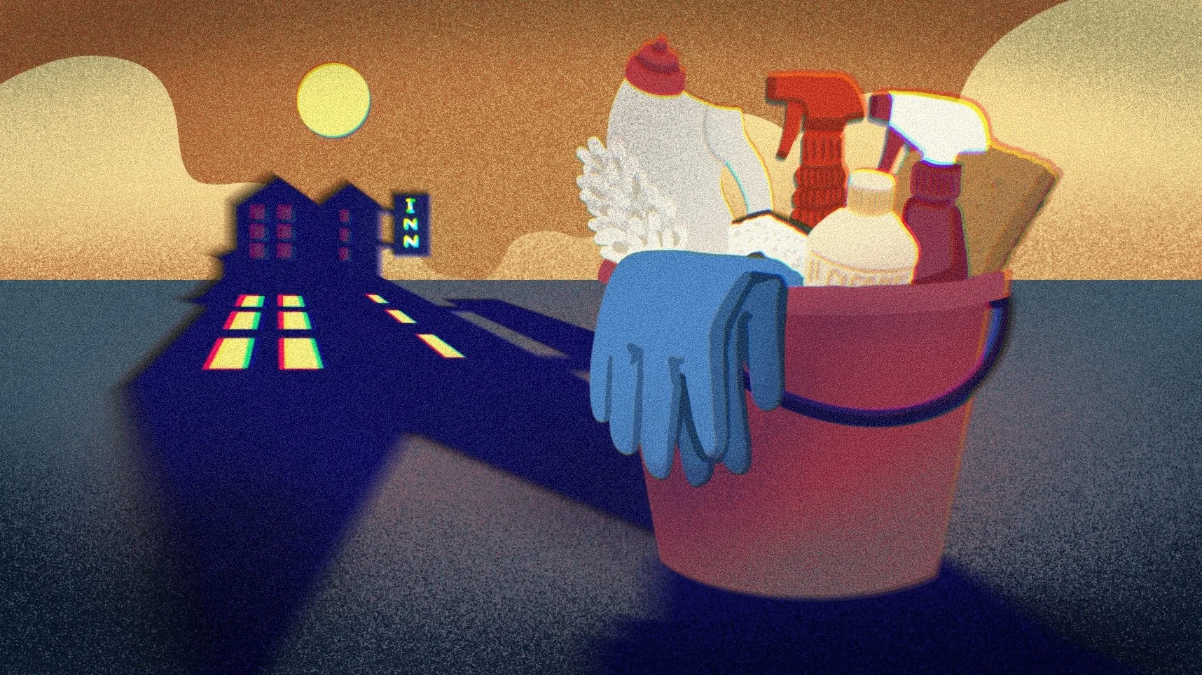 Illustration of roadside motel at sunset