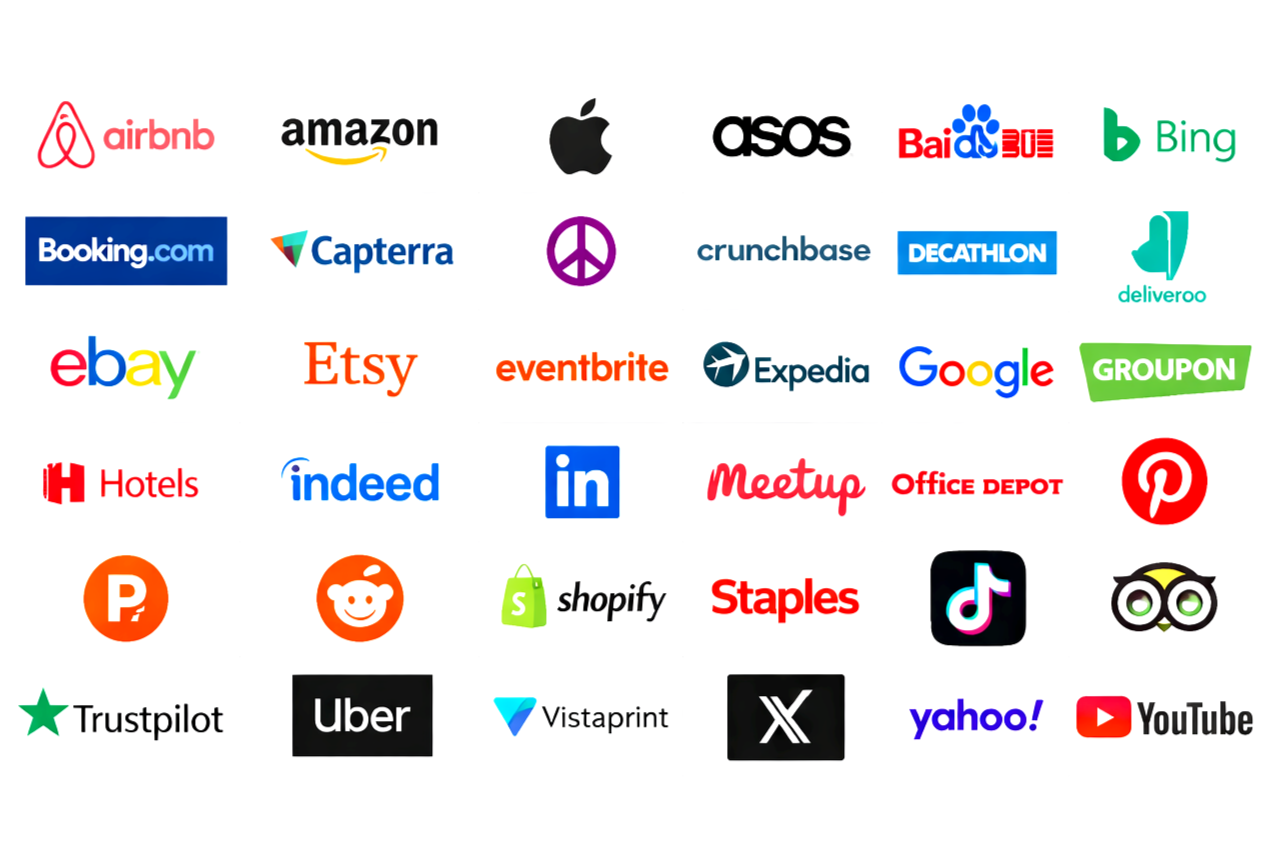 Loghi di varie aziende come Airbnb, Amazon, Apple, Asos, Baidu, Bing, Booking.com, Capterra, Decathlon, Deliveryo, eBay, Etsy, Eventbrite, Expedia, Google, Groupon, Hotels, Indeed, LinkedIn, Meetup, Office Depot, Pinterest, Reddit, Shopify, Staples, TikTok, Owl, Trustpilot, Uber, Vistaprint, X, Yahoo, YouTube.