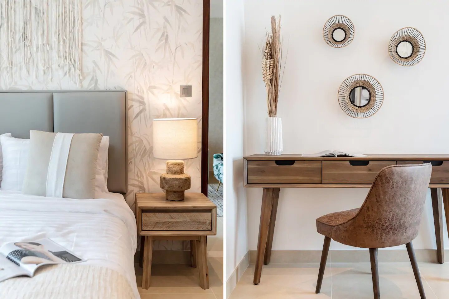 Paired bedroom details: pale leaf-patterned wallpaper and a textured bedside lamp, alongside a wooden desk and woven mirrors.