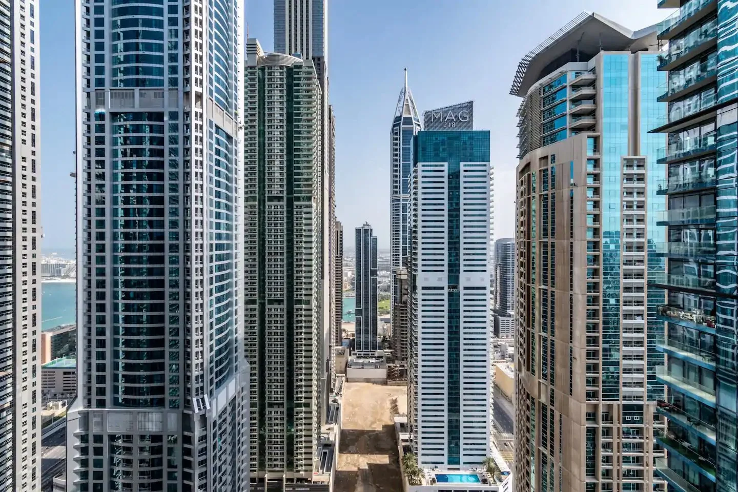Dubai Marina Heights Tower building and sea view.