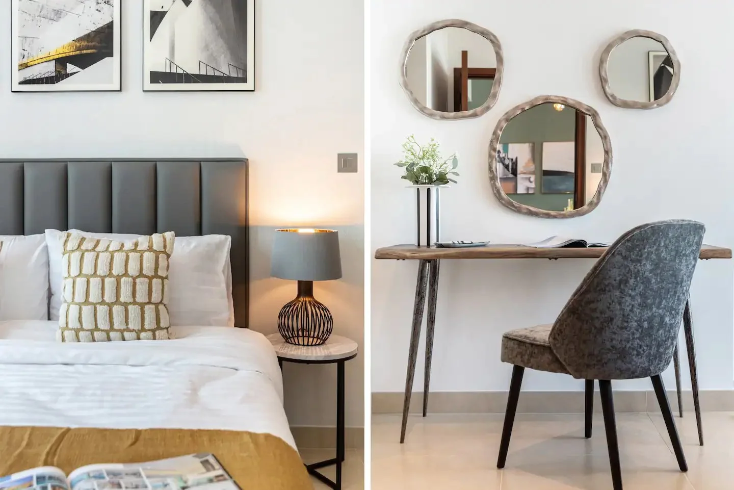 Paired bedroom views: grey headboard and ochre throw, alongside a slim wooden desk, grey chair and three irregular mirrors.
