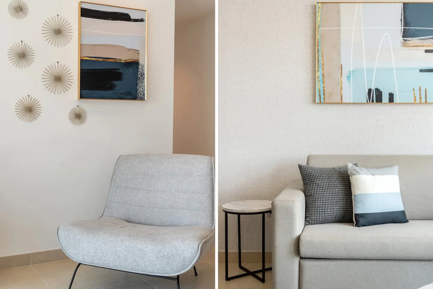 Paired living room details: pale grey chair and sofa, abstract artworks, sunburst wall ornaments and blue-grey cushions.