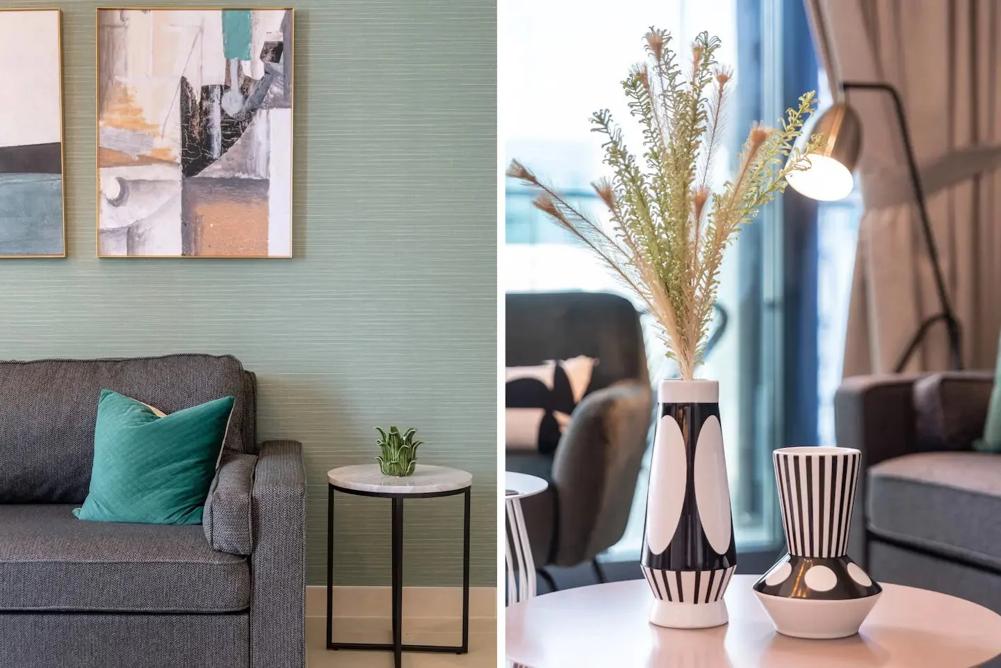 Paired living room details: grey sofa and teal cushion against a green wall, alongside black-and-white patterned vases.