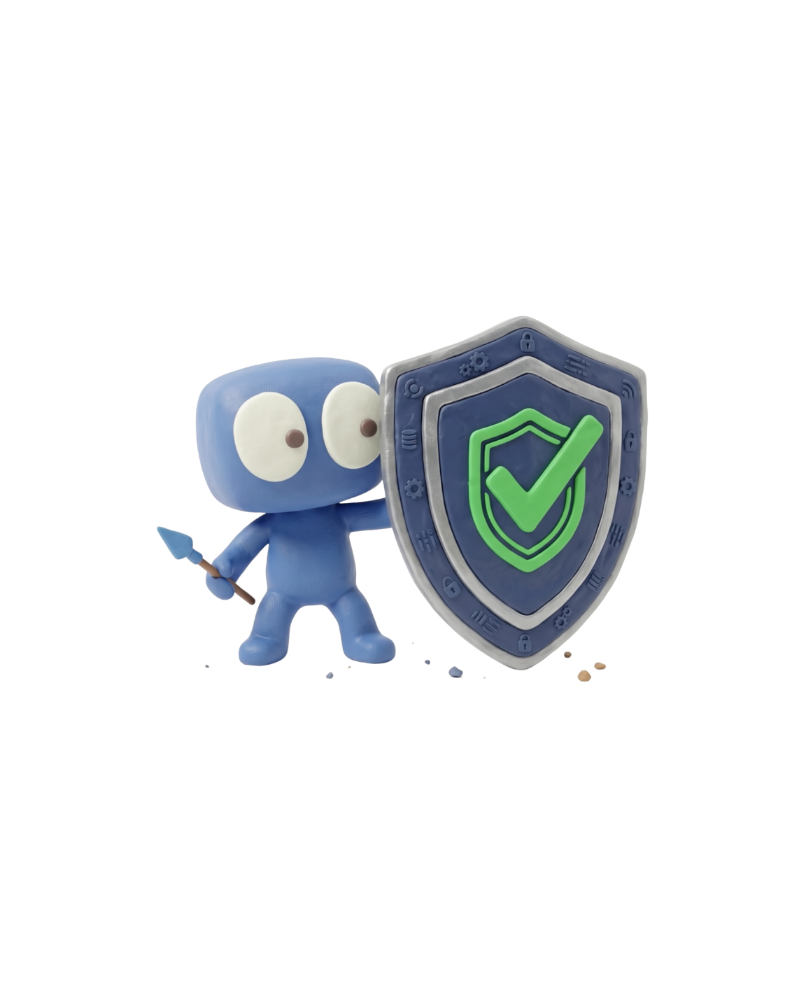 i-Mee standing beside a big shield with a green tick