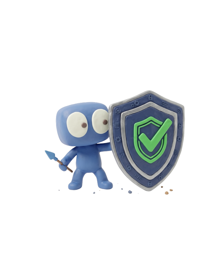 i-Mee beside a big shield with a green tick