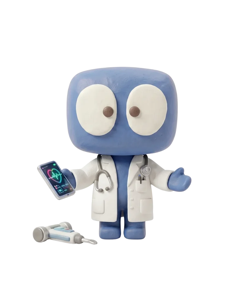 iMe as a doctor, with a stethoscope and a heart-rate tablet