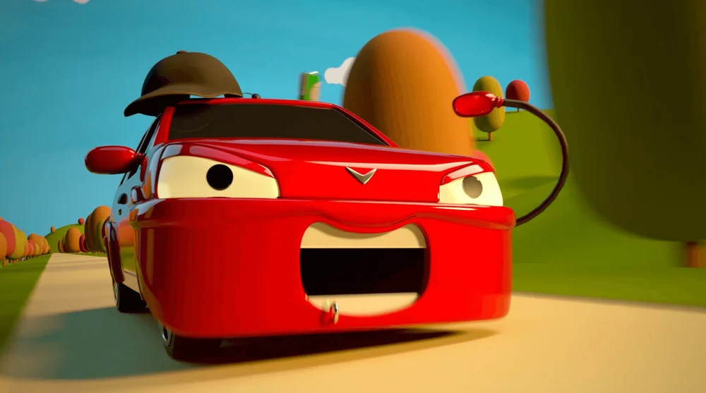 A grumpy red cartoon car from one of our animations