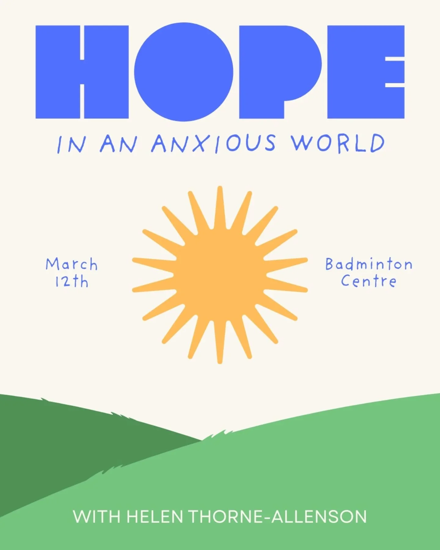 Hi folks, happy progress week! Reminder that there's no students on this week, but the next two sessions we have Helen Thorne-Allenson coming in for 'Hope in an anxious world' (12th - at the old badminton centre!!) and 'Light in the darkness' (19th).