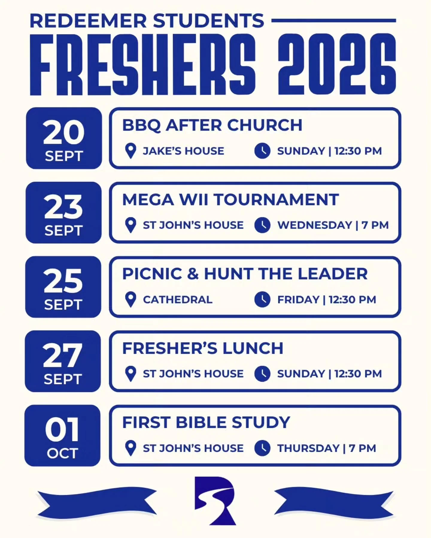 The Freshers 2026 events are here!! We are so pumped to start the new year with you all :))

DM us for more info or we can put you on the Redeemer Students WhatsApp group, just ask!