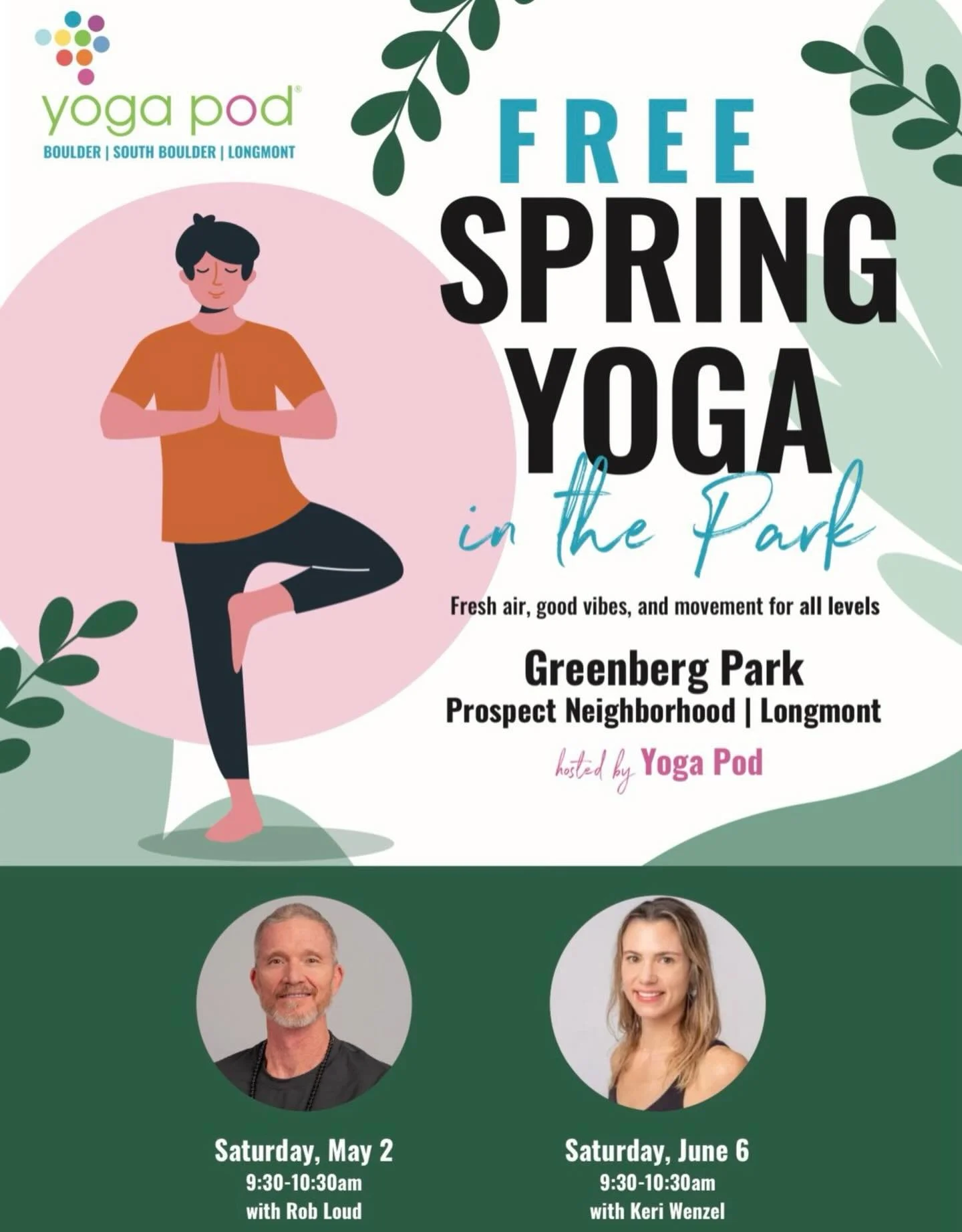 Come join us for Yoga in the Park 🌿✨

📍 Greenberg Park, Prospect Neighborhood | Longmont

Saturday, May 2nd w/ @robloudyoga 
9:30-10:30am

Saturday, June 6th w/ @yogikeri 
9:30-10:30am

Bring your friends &amp; family or come solo
No sign up needed