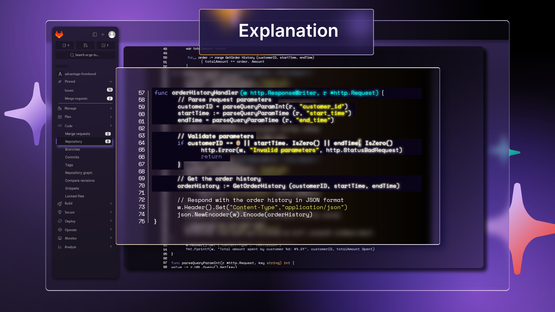 A digital graphic showing a coding interface with highlighted code for an order history handler, overlayed by a purple banner labeled 'Explanation'.